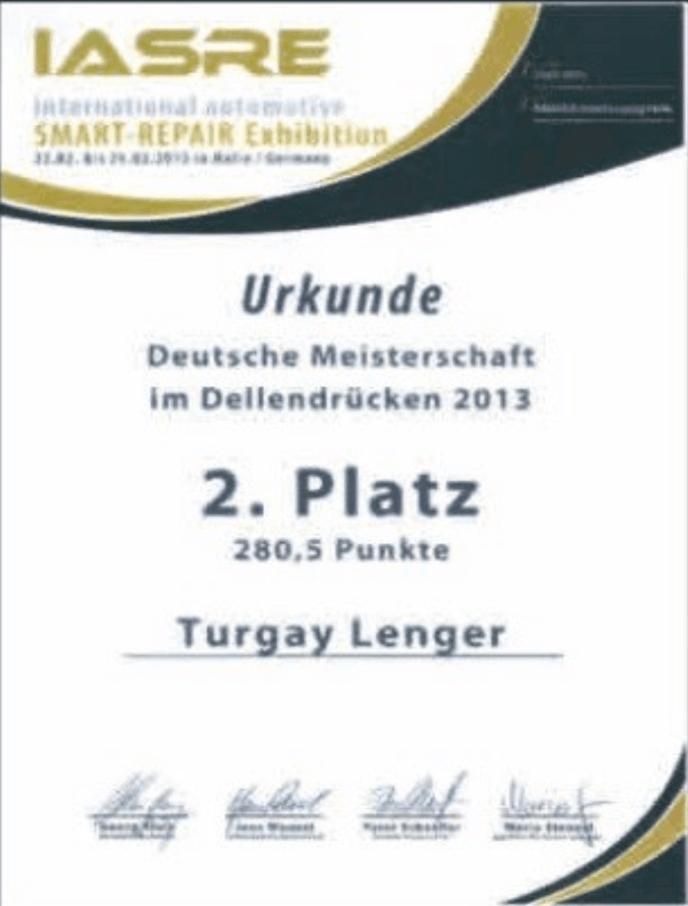 Urkunde Deutsche Meisterschaft im Dellendrücken 2013, 2. Platz – Turgay Lenger